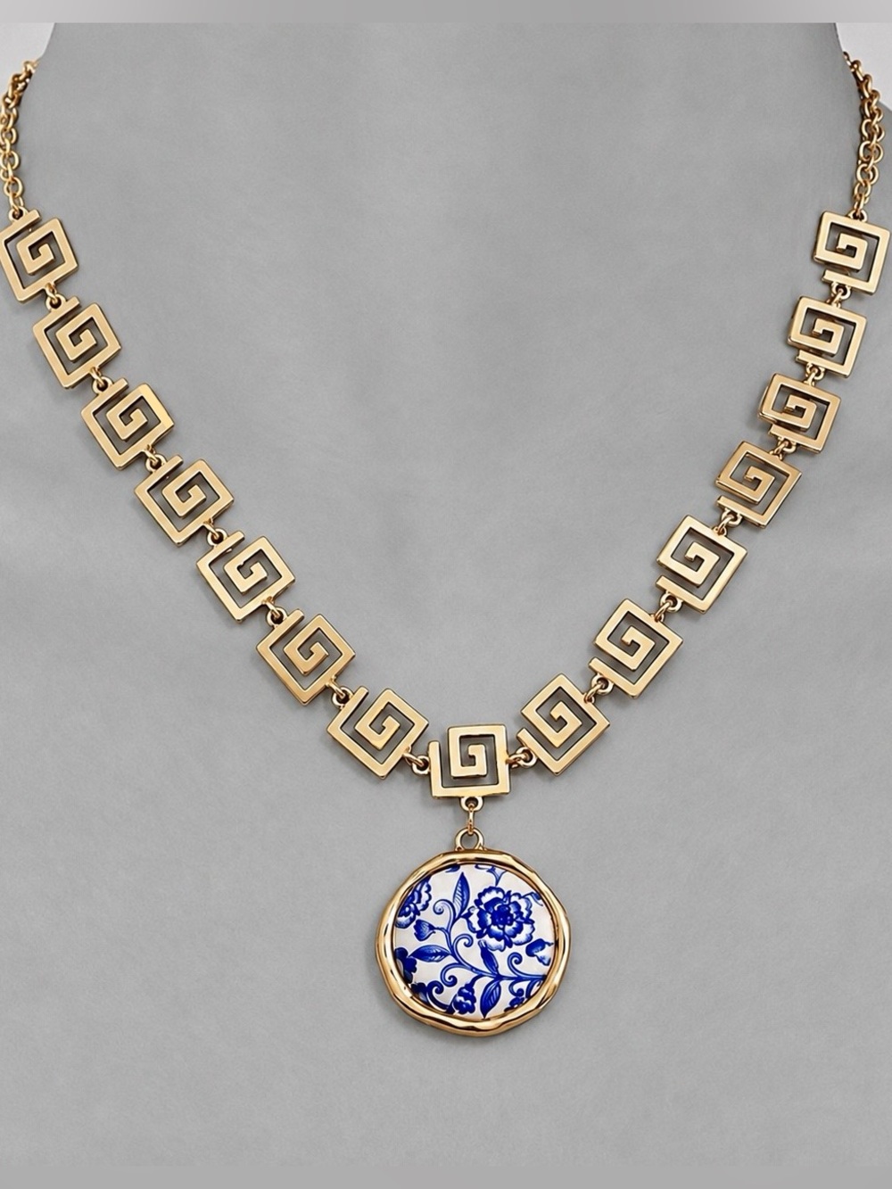 “Blue Willow Porcelain Platter” Plate Saucer Tray Pottery Greek Spiral Necklace